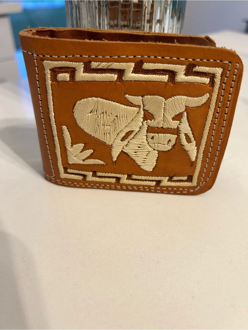Mexican Small Leather Bifold Wallet with Embroidered Bull Motif - Kids/Adults